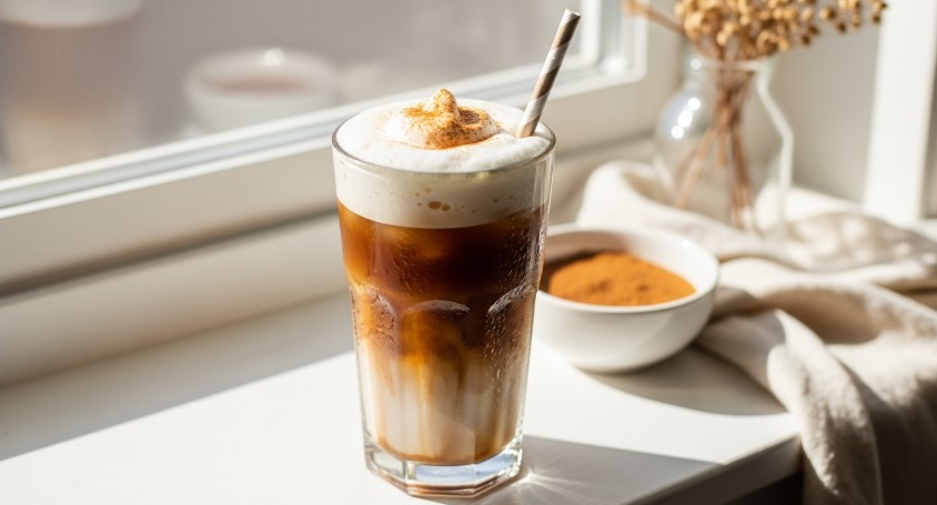 Iced coffee with maple, cinnamon, and sweet cream cold foam